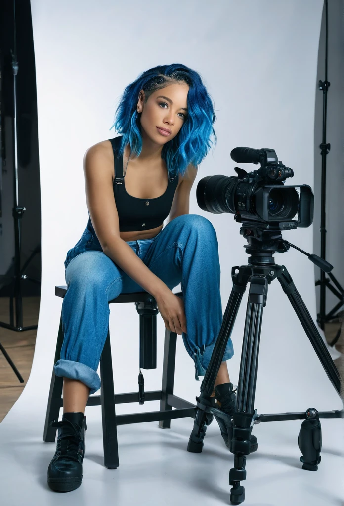 A beautiful biracial woman , extremely detailed full body , blue hair , blue eyes, in studo movie, sit behind professional camera, looking the side