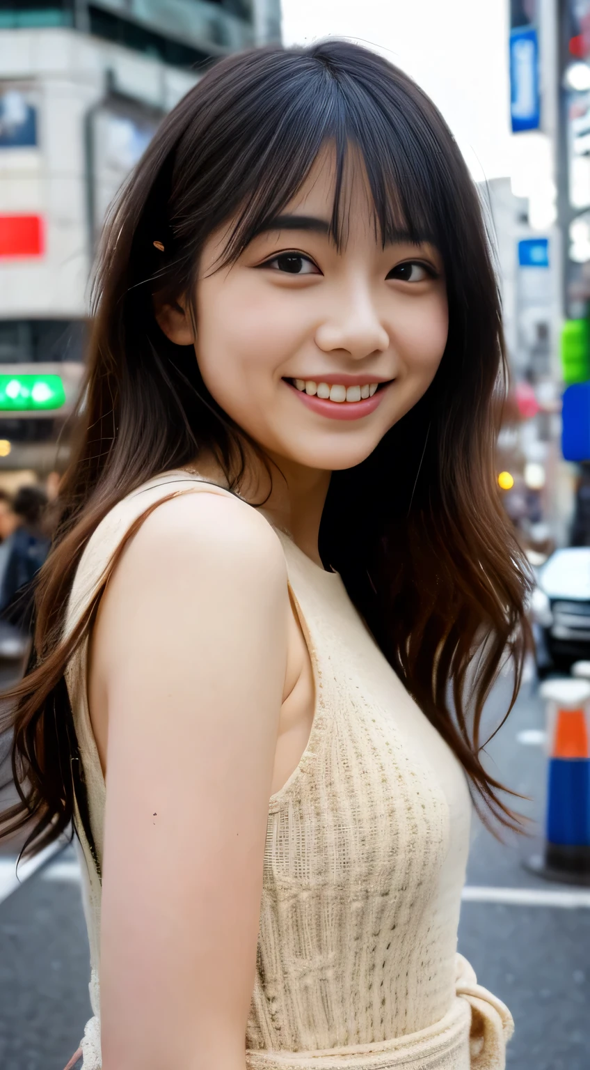 masuterpiece, Best Quality, Illustration, Ultra-detailed, finely detail, hight resolution, 8K photographic, Perfect dynamic composition, from front, 1 japanese girl, Beautiful detailed eyes, long wavy Hair, wearing simple sleeveless dress, make up:1.1, Random poses,Smile, Omotesando Street Walk, 28 years girl