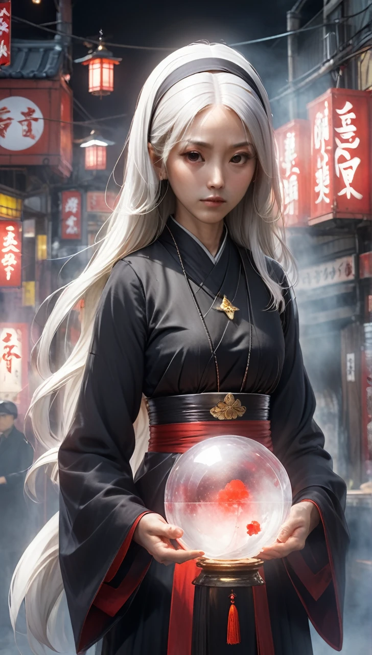 high resolution high quality Reality suspicious Japan nun In front of a round crystal Upper Body Looming metallic Transparency Facing forward suspicious雰囲気 Dark atmosphere Upper Body Close-up of face Skinhead Bloodshot 50 years old Voluptuous Plump fat Japanese Style Fortune teller prophet Giant Plumpな顔つき
