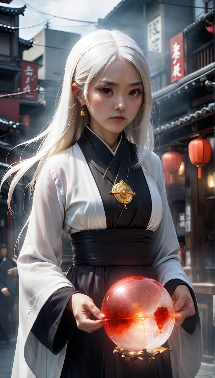 high resolution　high quality　Reality　suspicious　Japan nun　In front of a round crystal　Upper Body　Looming　metallic　Transparency　Facing forward　suspicious雰囲気　Dark atmosphere　Upper Body　Close-up of face　Skinhead　Bloodshot　50 years old　Voluptuous　Plump　fat　Japanese Style　Fortune teller prophet　Giant　Plumpな顔つき