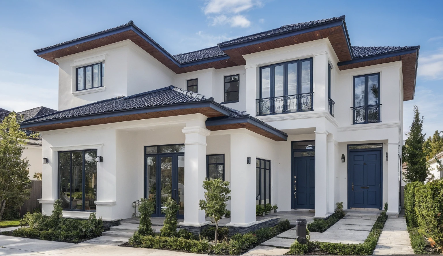 (masterpiece:1.2), best quality, photo of A two-story modern house with white walls and dark blue tiles on the roof., tree and plant, streetcapes, natural light, vivid color, The exterior of an elegant single family home features large windows, a dark gray door frame.