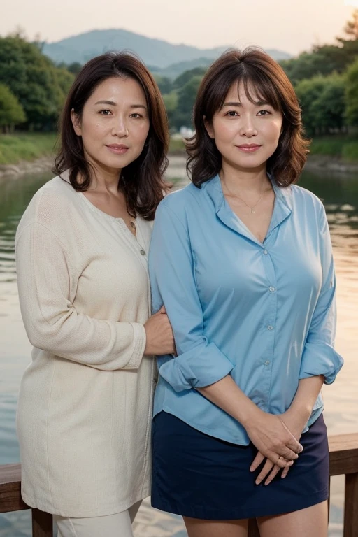 Two Aunts from Osaka、Organic Photography、best quality、masterpiece、Ultra-high resolution、Two beautiful old ladies、50 years old、Elegant face,Smile,Wear a business shirt,Short skirt,Huge sagging chest contour:1.2,Wavy Hair、Real skin texture,sideways,Hands over chest,Revealing smooth and plump thighs,River in the Scene, Mountain, Reality, Sunset, masterpiece, Bokeh, Volumetric Lighting, Summer Breath, High Angle Shot