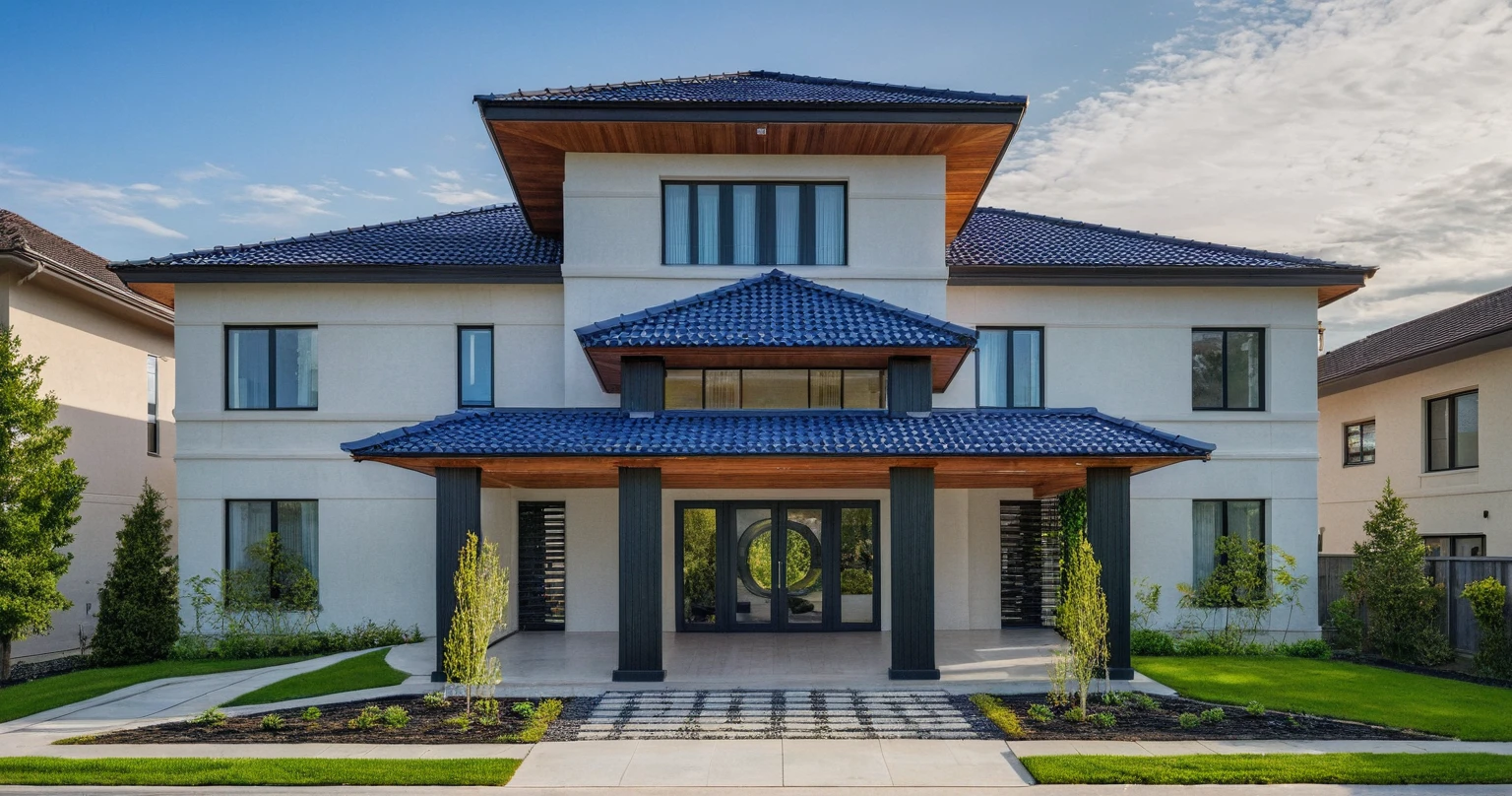(masterpiece:1.2), best quality, photo of A two-story modern house with white walls and dark blue tiles on the roof., tree and plant, streetcapes, natural light, vivid color, The exterior of an elegant single family home features large windows, a dark gray door frame.