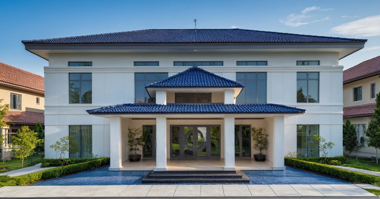 (masterpiece:1.2), best quality, photo of A two-story modern house with white walls and dark blue tiles on the roof., tree and plant, streetcapes, natural light, vivid color, The exterior of an elegant single family home features large windows, a dark gray door frame.