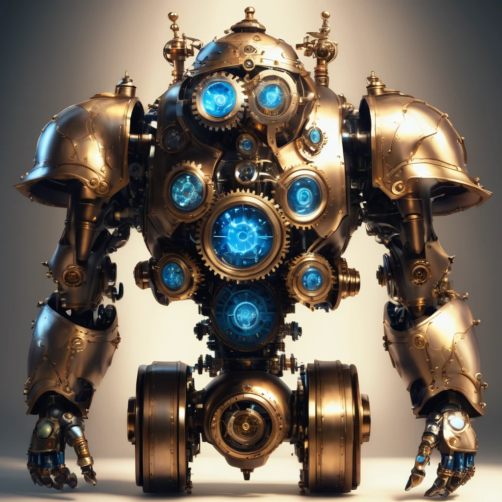 steampunk golem : Physical Appearance:

Age: Recently created, but with an old soul

Height: 6'2" (188 cm)

Build: Bulky and mechanical, with visible gears and pistons

"Skin": Polished brass and copper plating

Eyes: Large, glowing blue crystals that serve as optical sensors

Distinguishing features: A transparent chest cavity showing a complex array of gears and a glowing "heart"

Attire: None needed, but often wears a waistcoat and pocket watch for aesthetic reasons