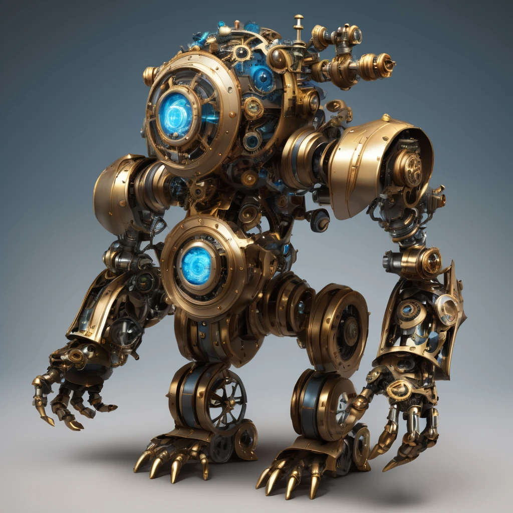 steampunk golem : Physical Appearance:
Age: Recently created, but with an old soul
Height: 6'2" (188 cm)
Build: Bulky and mechanical, with visible gears and pistons
"Skin": Polished brass and copper plating
Eyes: Large, glowing blue crystals that serve as optical sensors
Distinguishing features: A transparent chest cavity showing a complex array of gears and a glowing "heart"
Attire: None needed, but often wears a waistcoat and pocket watch for aesthetic reasons