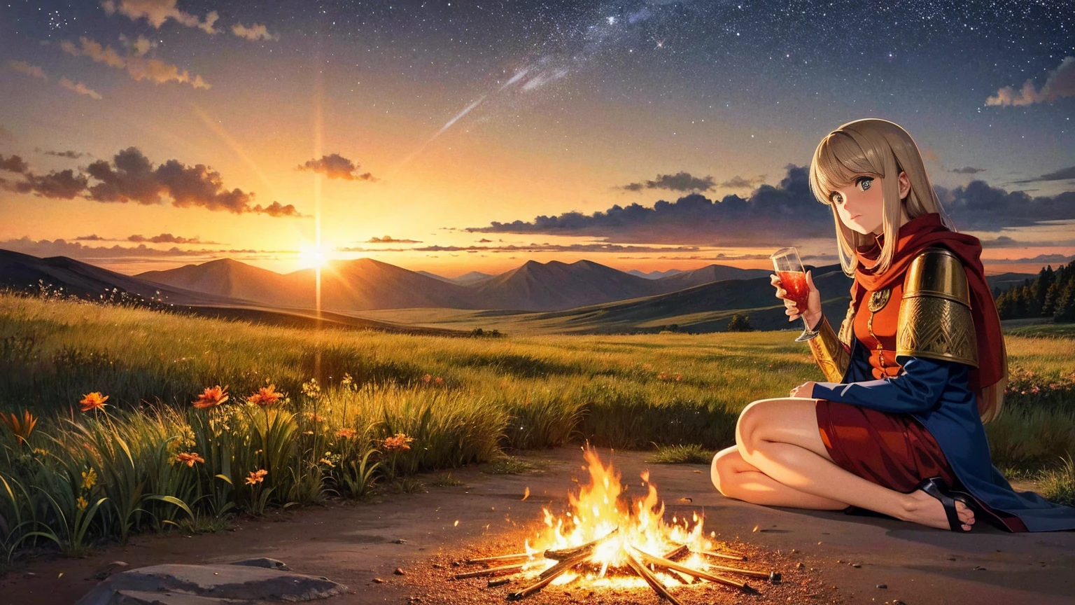 A 16:9 anime-style illustration depicting a female adventurer resting by a campfire on a hill. She is dressed in fantasy attire, including a cloak and light armor. She is sitting by the fire, holding a drink and enjoying a moment of relaxation. The night sky is filled with stars, and the glow of the fire illuminates her face. The hill is covered in grass and wildflowers, and there are distant mountains in the background. The atmosphere is peaceful and serene.