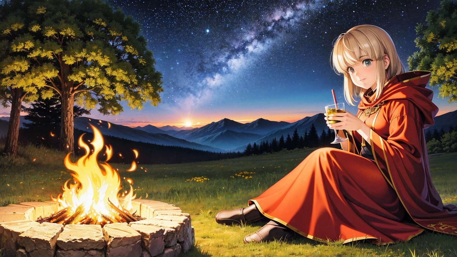 A 16:9 anime-style illustration depicting a female adventurer resting by a campfire on a hill. She is dressed in fantasy attire, including a cloak and light armor. She is sitting by the fire, holding a drink and enjoying a moment of relaxation. The night sky is filled with stars, and the glow of the fire illuminates her face. The hill is covered in grass and wildflowers, and there are distant mountains in the background. The atmosphere is peaceful and serene.
