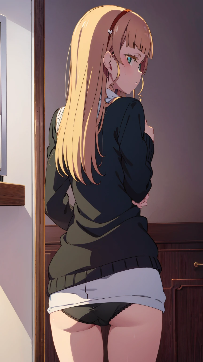 Sumire Heanna , ,blue eyes ,long Blonde hair,shy ,short black sweater,black ,i see her panties,little breasts,erotic pose,standing,from behind , showing her butt 