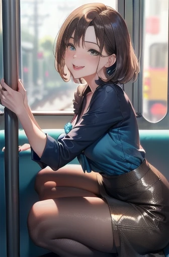 ((The mature woman is wearing a bright blue blouse:1.5)))((Wearing a long black skirt))((From an angle where you can see the whole body)))(((Crouching on the train))((She is facing the viewer with her legs spread in an M-shape)))、((Red panties are clearly visible))、((Smiling shyly:))Sexy brown woman1people、Highest quality、超High resolution、High resolution、Detailed CG、8k wallpaper、20-year-old、Detailed and beautiful、(Brown and shiny body、:1.5)、Embarrassed、(A dreamy face:1.5)、(The shape of your lips when kissing with your tongue out)、Full of embarrassment、