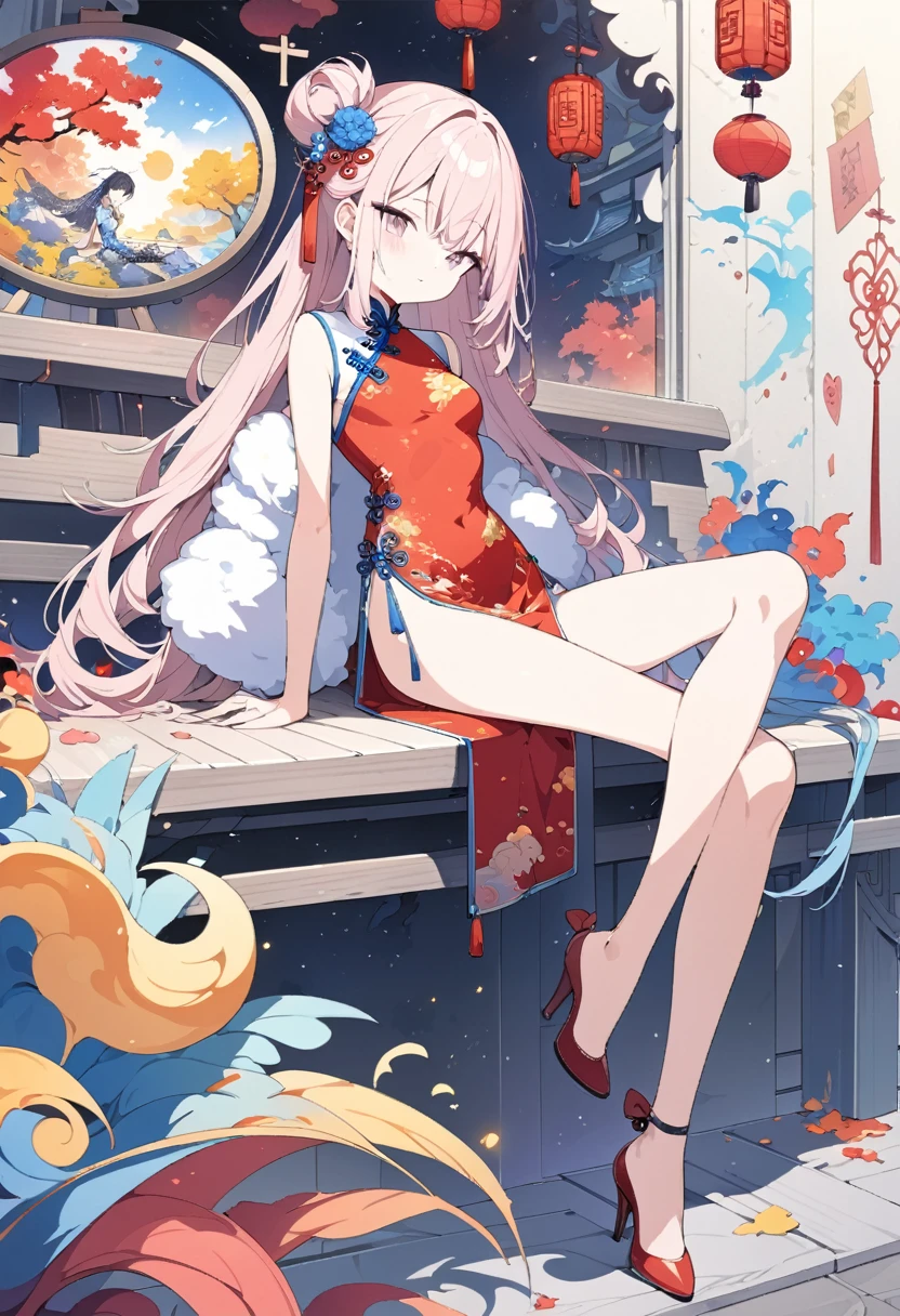 Momoko Sakura Style、8K quality、Intense watercolor,, Watercolor splash, Surreal, Avant-garde pop art, Beautiful and expressive paintings, Beautiful artwork illustration, Very colorful tones, wonderful, Cool Beauty, Highest quality、Official Art, Vector art, Stylish design, (((The most beautiful girl))), ((Thin legs))、(((Highest quality))), High resolution, ((detailed)), (((Doodle Art)), ((masterpiece)), ((Super detailed)),(((Stylish Chinese dress fashion))),(((Sitting))),((Sexual))