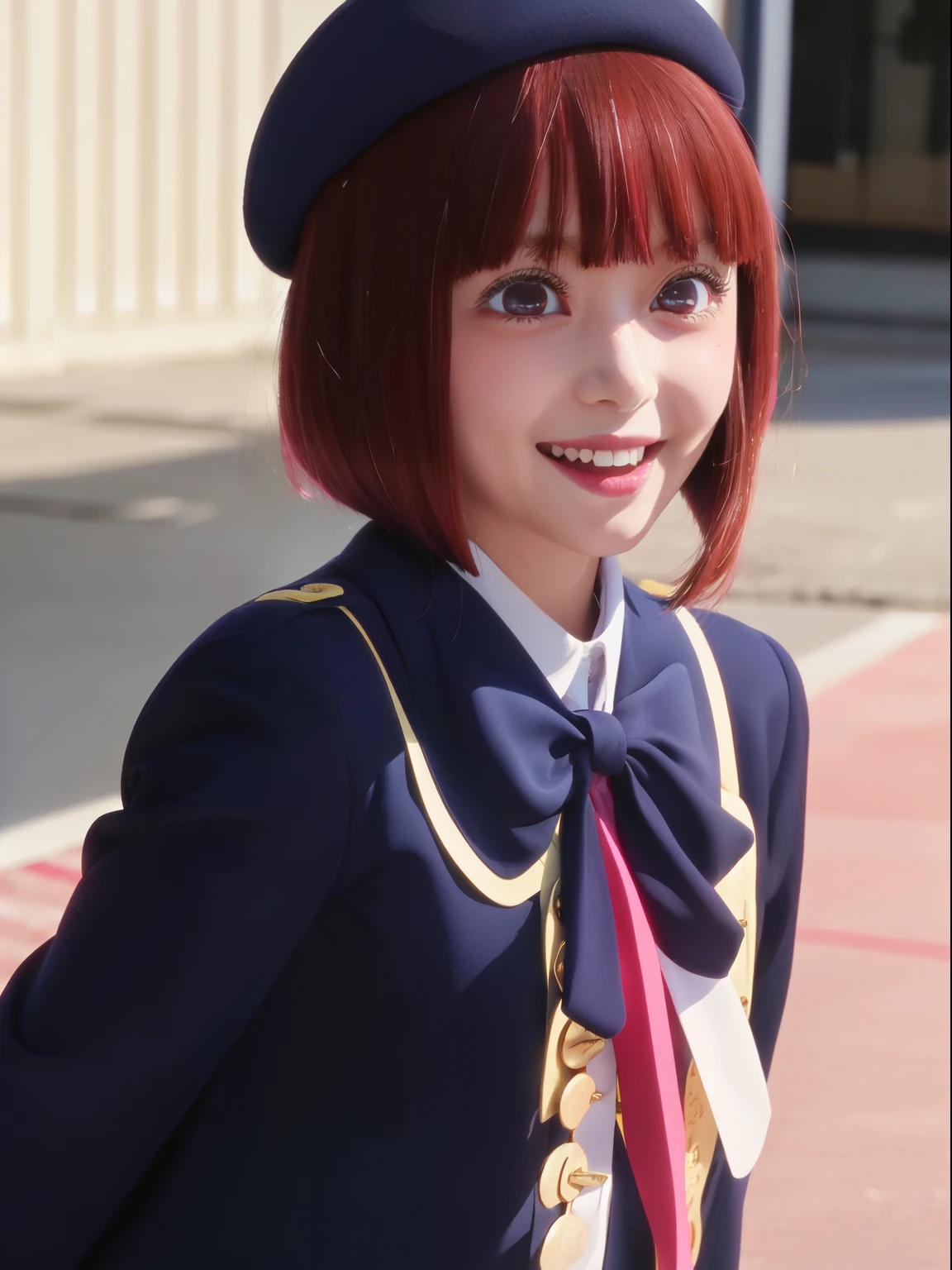 masterpiece、Very detailed、(One Girl:1.2)、Redhead、Red eyes、uniform、Navy Blue Blazer、Pink ribbon、Big eyes、Laughter、、short hair、beret、Shining Eyes、smile