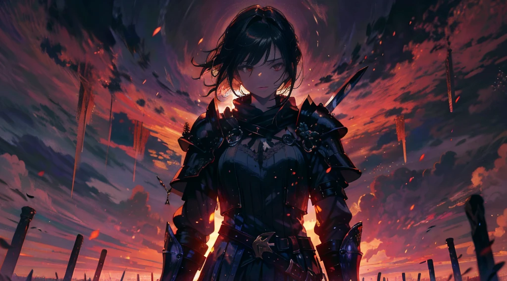 masterpiece, best quality, high quality, detailed, ultra detailed, hyper detailed, insanely detailed, exquisite, beautiful, FHD, Full-HD, 4K, 8K, 16K, highres, absurdres, ((1girl)), medium shot,mystic knight, serious look, sword fighting, covering one eye, black hair, red eyes, armor, long boots, with a sword, fantasy,hailoknight, holding sword, holding weapon