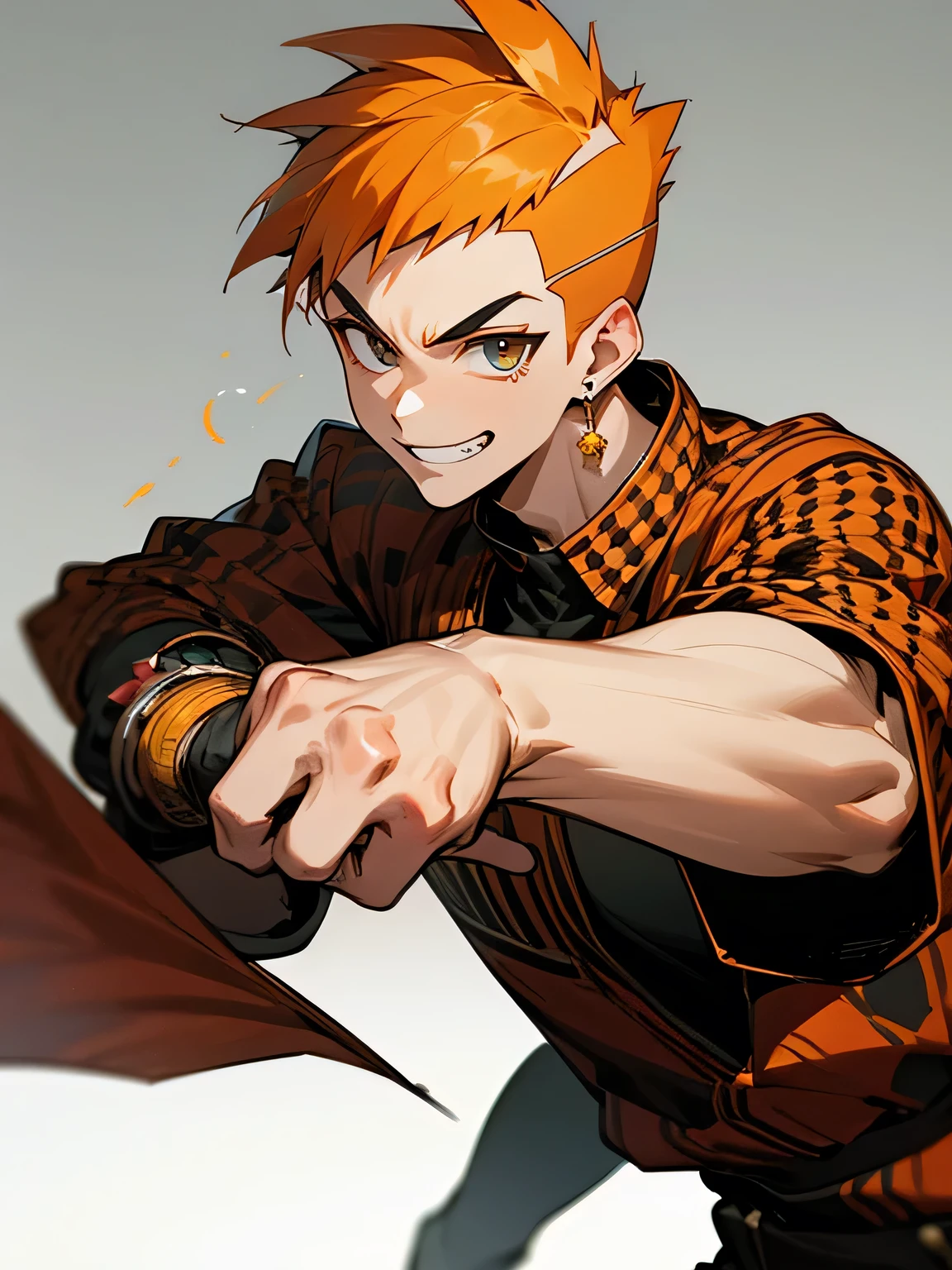 solo,looking at viewer,1boy,orange soft Mohawk haircut ,buzz cut,no bangs,big forehead,male's eyes, male's nose, male's mouth,handsome face, manly, grin,plaids pattern clothe,fighting stance,white simple background、mens earrings