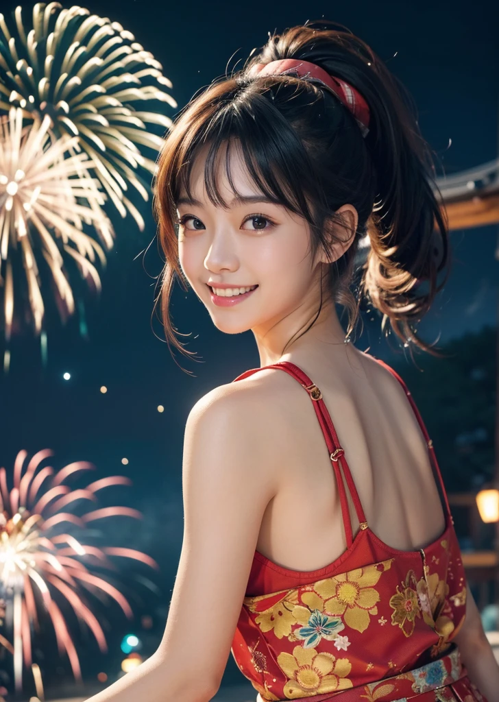 smile、high school girl、yukata、With fireworks in the background、Beautiful night view、
