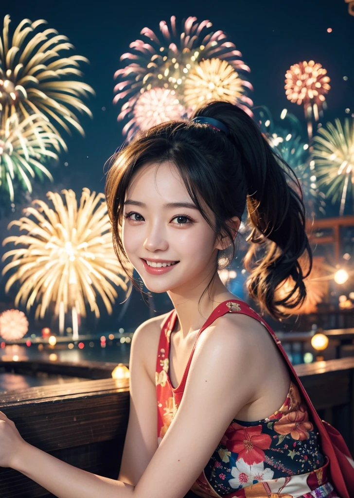 Diffuse lighting、 Highest quality, High resolution, unity 8k wallpaper、Supersaturation, Colorful, 8K resolution, 1 female、Japanese、23 years old、Close-up portrait、Adorable, smile、looks fun、 Colorful fireworks burst into the sky、Tank top、Mini hot pants、ponytail、Lively、 The atmosphere was cheerful, Aerial fireworks、looks fun、Japanese Festivals, Best Quality, Depth of written boundary, Detailed Background, Beautiful cheeks, Sparkling Eyes, And the starry sky at night,