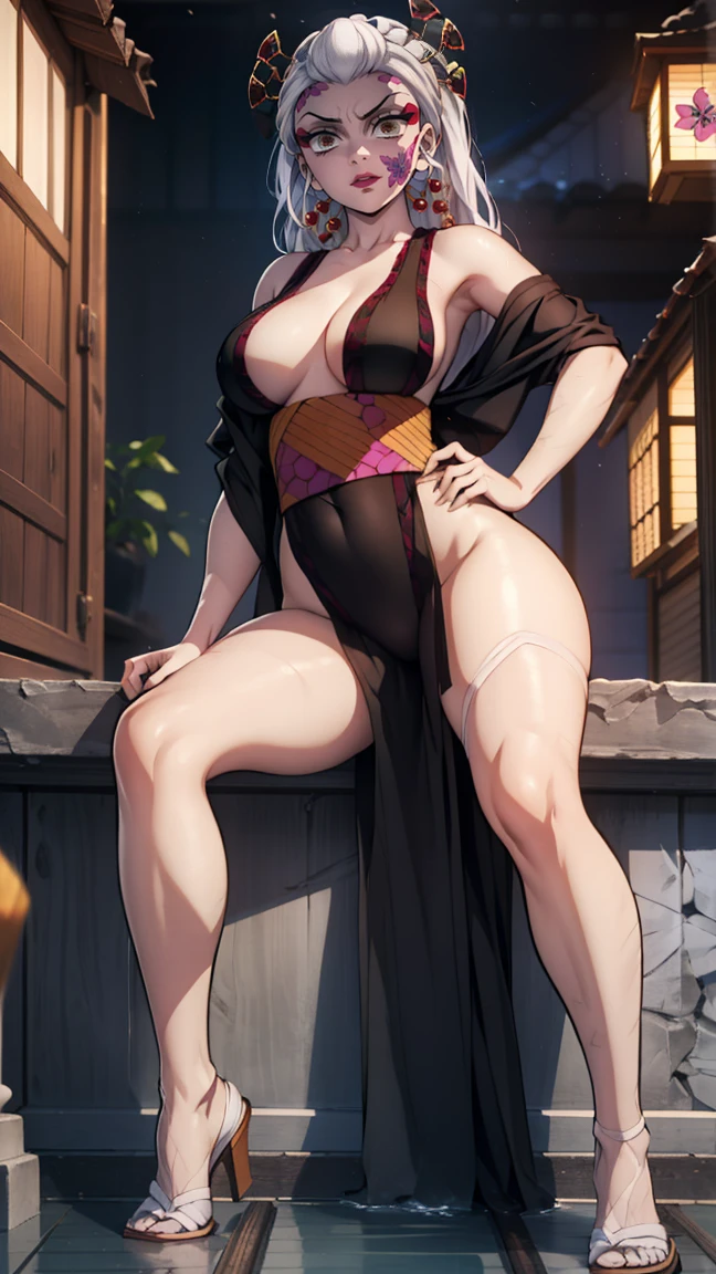 One Demon Girl, looks at the camera, Portrait of a girl, Beautiful waist, night, ancient japan, very sexy, In the bath, grin, fangs, mouth open, fangs, smile, White hair, erotica, very sexy, beautiful body is completely visible, masterpiece, Best quality, full length (Full body 1.1.), Beautiful waist, good feet, high quality, long hair, White hair с зелеными кончиками. Highly detailed face, depth of field, HDR, very detailed, ray tracing, whole body, dark fantasy, Demon&#39;s tattoo, very beautiful, Beautiful ., 1 girl, solo, I look at the viewer, black hair, hair ornament, jewelry, closed mouth, green eyes, yellow eyes, japanese clothes, kimono, draw up, pomade, slit pupils, Brilliant eyes, wicked, Red lips, hair stick