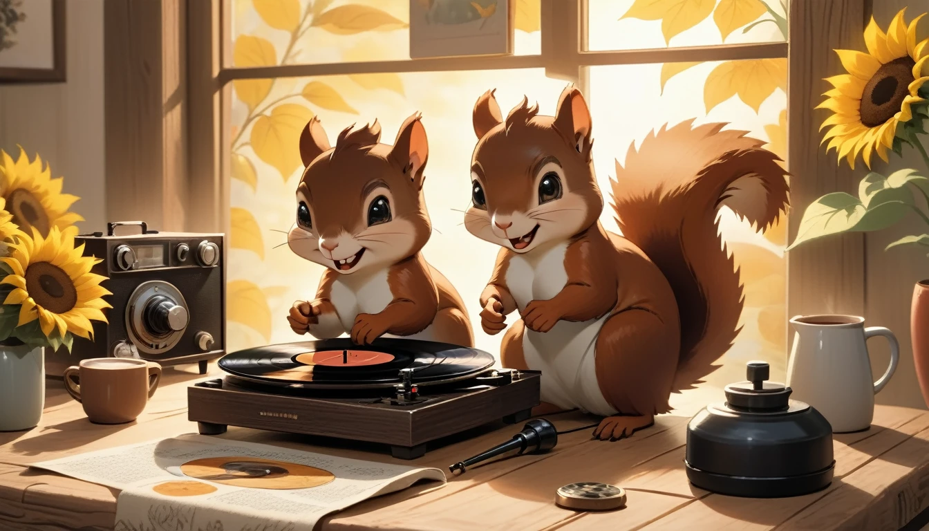 Create an image that features a cozy fall-themed atmosphere with a focus on a steaming cup of coffee with latte art on its surface. The cup is placed on a wooden table and beside coffee cup is a sunflower in a pot. And there is an antique record player with a spinning record, and beside to it is a framed photo of a smiling squirrel. The warm lighting and rich colors suggest a peaceful and inviting atmosphere.