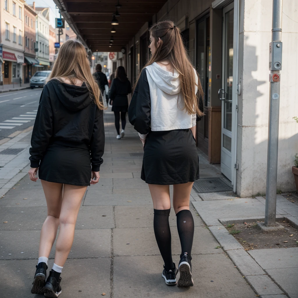 ((best quality)), ((masterpiece)), (detailed), only 1girl with long blond hair, walking in black hoodie and black skirt and black high black socks and black shoes in old town, tublr mood, view from back on scene