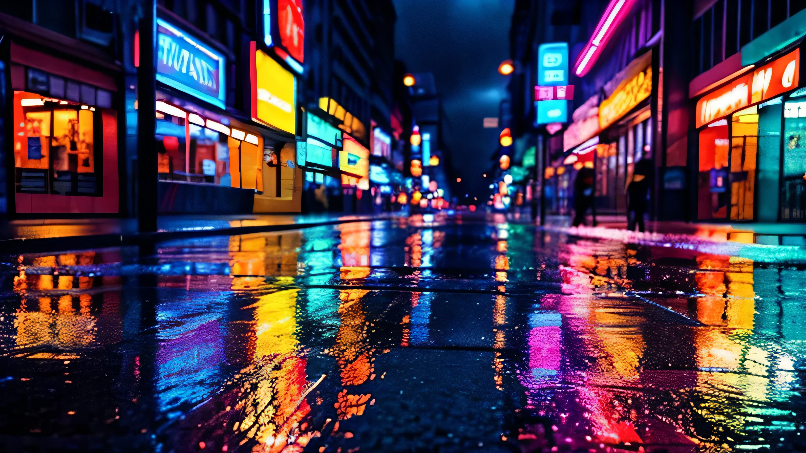 A vibrant and sharp photo of a rainy night street scene with reflections of colorful neon lights on the wet pavement