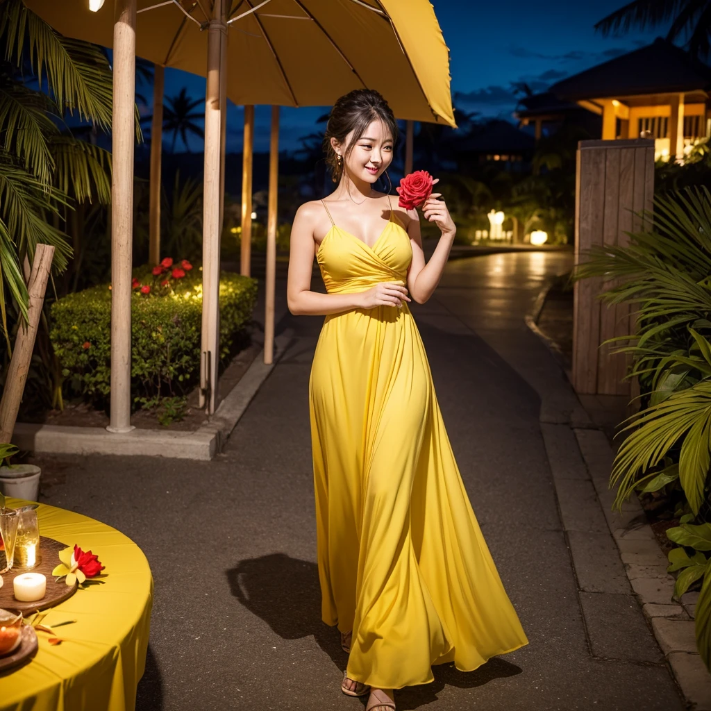 Wearing a yellow dress、A woman enjoying vacation at a tropical resort at night。With a red rose in my hand。