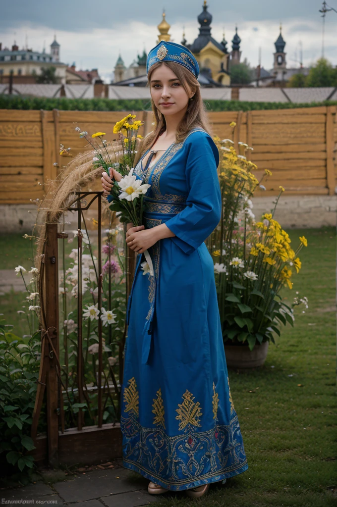 femme ukrainienne, corps entier, beau visage, jolie corps, (robe traditionel), smirk, (drapeau Ukrainien en fond), ((dans la ville de Lviv)),grande place de l'opéra