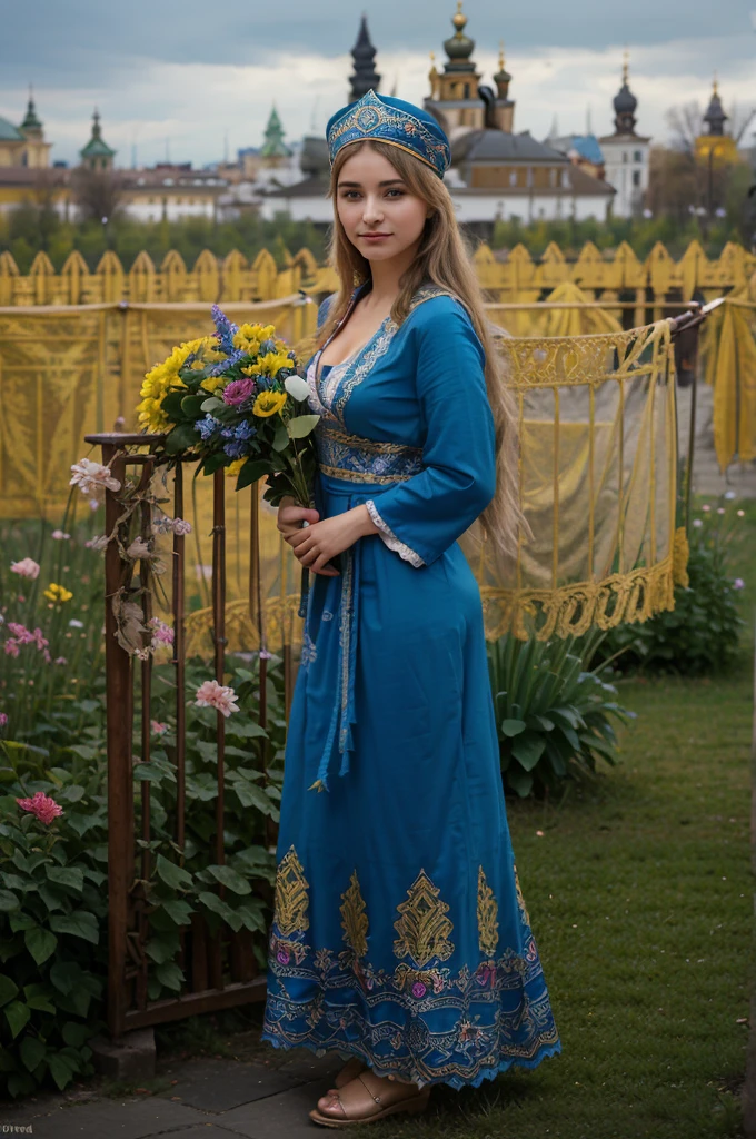 femme ukrainienne, corps entier, beau visage, jolie corps, (robe traditionel), smirk, (drapeau Ukrainien en fond), ((dans la ville de Lviv)),grande place de l'opéra