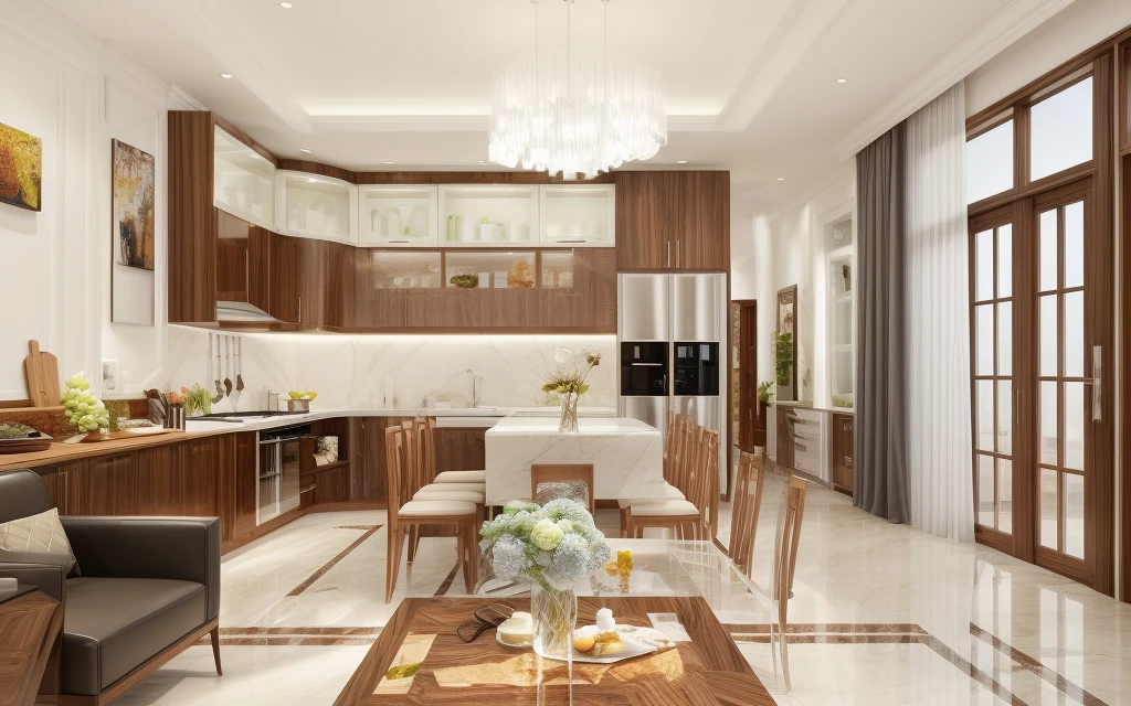 "(kitchen design)+[natural lighting:1.2], (walnut wood panel:1.1), minimalist, sleek, modern, (white acrylic panel:1.1), elegant ambiance, sophisticated, inviting atmosphere."