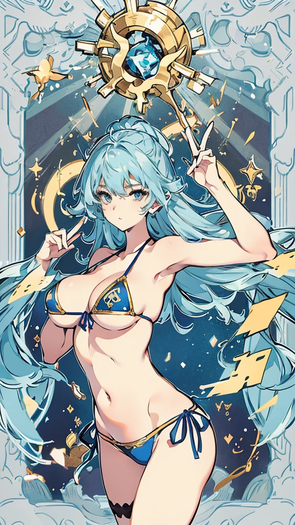 Aquarius、Light blue hair、tarot cards,Hands together,Vulcan salute,attention, There is a halo behind the head,finely_detailed, perfect_Body, perfect_Eye, perfect_Face, perfect_finger,Yu-Gi-Oh card game style、(((Voluminous breasts 1.8)))、(((micro bikini 1.4)))、(Saggy breasts 1.4)、(Cleavage 1.4),Seductive pose、Random Pause、cowboy shot、
(The Aquarius symbol is depicted on the card frame 1.3)、Three-dimensional depiction that seems to emerge from the card, ultra-detailed depiction, artistic、A pose that makes it seem as if the person is coming out of the card、The card frames are drawn in super-beautiful detail, perfect anatomy, perfect fingers, super beautiful faces, stunning beauties aged 16 to 30、Greek mythology sculpture style background、Super beautiful eyes, and the card frame features illustrations of the moon, sun, stars, and golden coins、The card frame features an illustration of a sword and shield、Card colors are random、Depicts the symbol of Aquarius、Write the letter Aquarius、Write Aquarius on the top of the tarot card.May the person who sees the tarot card be happy、Write the word "Aquarius" in embossed letters on the tarot card、Magic wand, spear, bow and arrow, guitar, fire, water, earth, wind, dagger, pen, sword, crossbow, large shield, gloves, fishnet stockings、Flowers, leaves, good luck, four leaf clover、Scattering jewels、Diamond, ruby, sapphire, topaz, blue sapphire, pearl, crystal,Virgo sign tattoo on body、Random hair color、Rainbow, red, blue, orange, yellow, purple, green, gold, Silver, light blue, brown, white, yellow-green, navy blue, pink,Her hair is blue