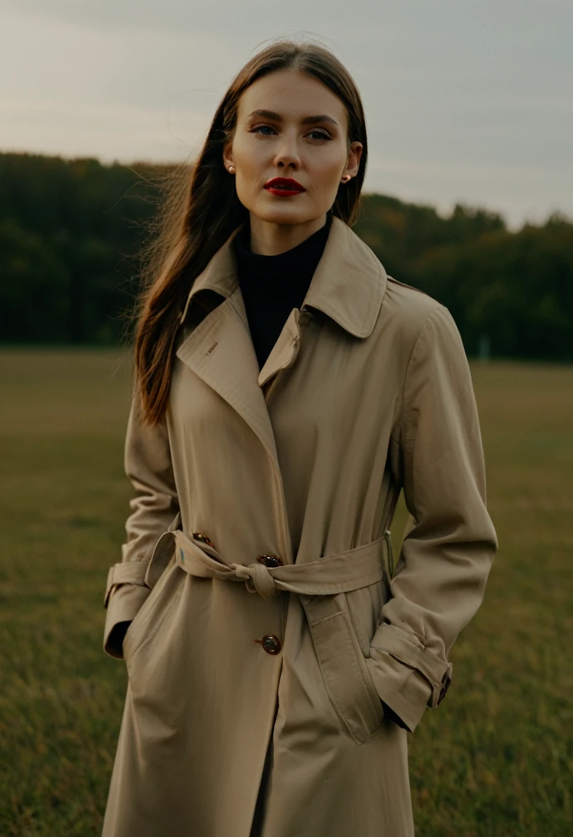 color digital photograph of María Jiménez a beautiful slavic woman, pale skin, long dark golden hair, (a beige trench coat), (a black turtleneck sweater), (khaki trousers), (brown ankle boots), (pearl earrings), (red lipstick), (sleek ponytail) and Stiletto heel shot on Kodak PIXPRO AZ401 16MP Digital Camera by Helen Levitt, 26 years old, (Statuesque, Regal, Majestic), promoting body positivity, tiny breasts, feeling Sociable, in the evening,full body, masterpiece, natural lighting, (outdoor setting:1.2), warm tones, side lighting, natural skin details, 4k, UHD, masterpiece, detailed eyes, detailed face, detailed skin, perfect hands, perfect feets, photo, high skin detail, moles, imperfect skin, ultra realism, RAW photo, subsurface scattering