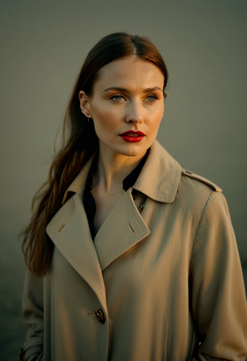 color digital photograph of María Jiménez a beautiful slavic woman, pale skin, long dark golden hair, (a beige trench coat), (a black turtleneck sweater), (khaki trousers), (brown ankle boots), (pearl earrings), (red lipstick), (sleek ponytail) and Stiletto heel shot on Kodak PIXPRO AZ401 16MP Digital Camera by Helen Levitt, 26 years old, (Statuesque, Regal, Majestic), promoting body positivity, tiny breasts, feeling Sociable, in the evening,full body, masterpiece, natural lighting, (outdoor setting:1.2), warm tones, side lighting, natural skin details, 4k, UHD, masterpiece, detailed eyes, detailed face, detailed skin, perfect hands, perfect feets, photo, high skin detail, moles, imperfect skin, ultra realism, RAW photo, subsurface scattering