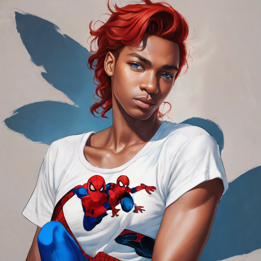 Make me a realistic panel image of a red-haired boy, Black-skinned, naughty man, rosto angelical, red hair, blue colored eyes, and effeminate structure, and wearing a short white top t-shirt showing her slim waist with a heart design with Spiderman's face in the center of the t-shirt and jeans. Him hugging Spiderman