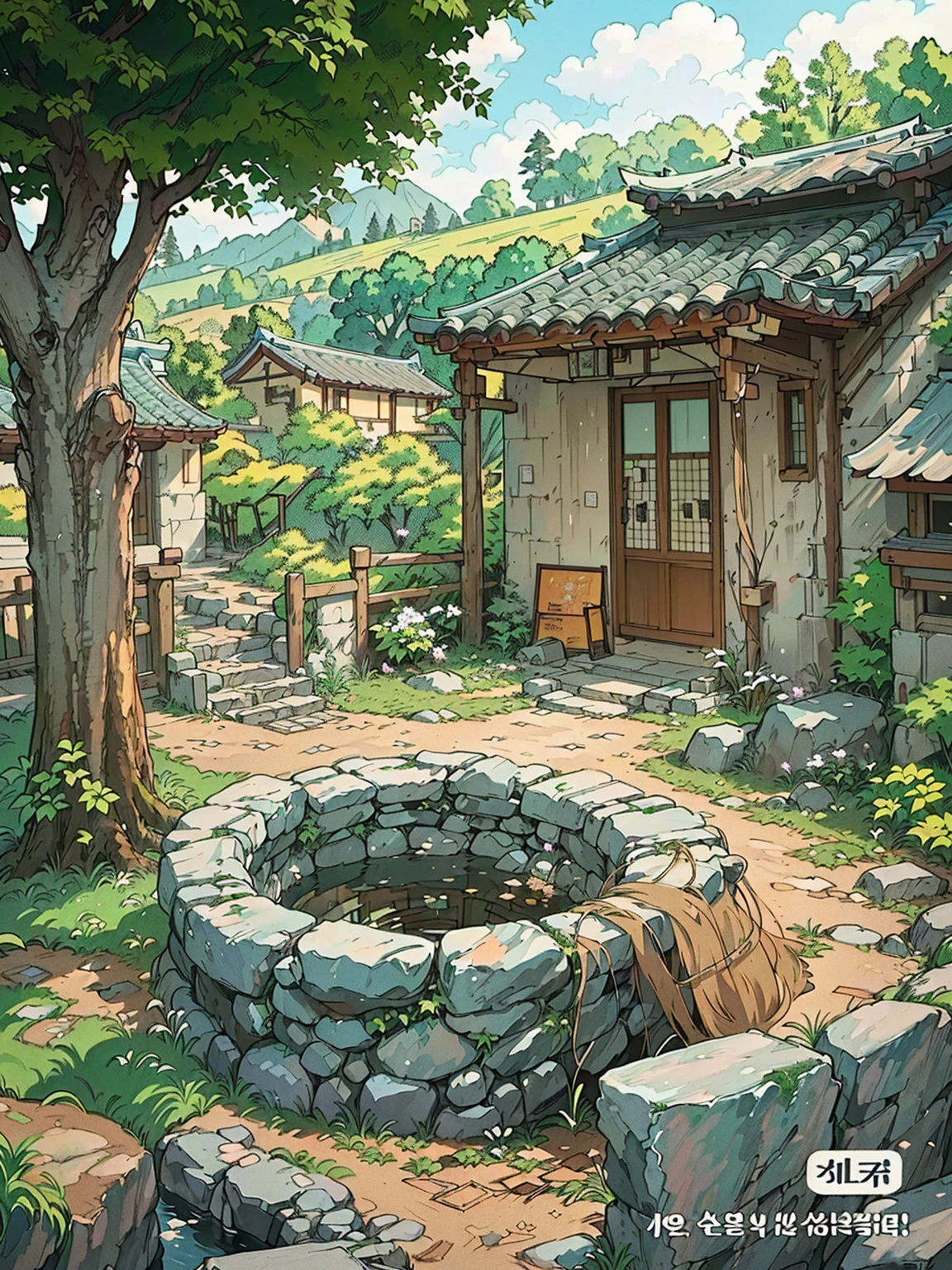 Anime scenery of a stone well surrounded by trees and rocks, A beautiful artistic illustration, Detailed scenery —width 672, Landscape Art Detail, Anime Background Art, Detailed painting 4k, Landscape Artwork, author Kim Myeong-guk, author Sim Sa-jeong, author：sung choi, The numbers are very detailed, author Kim Hwan-gi, old asian village