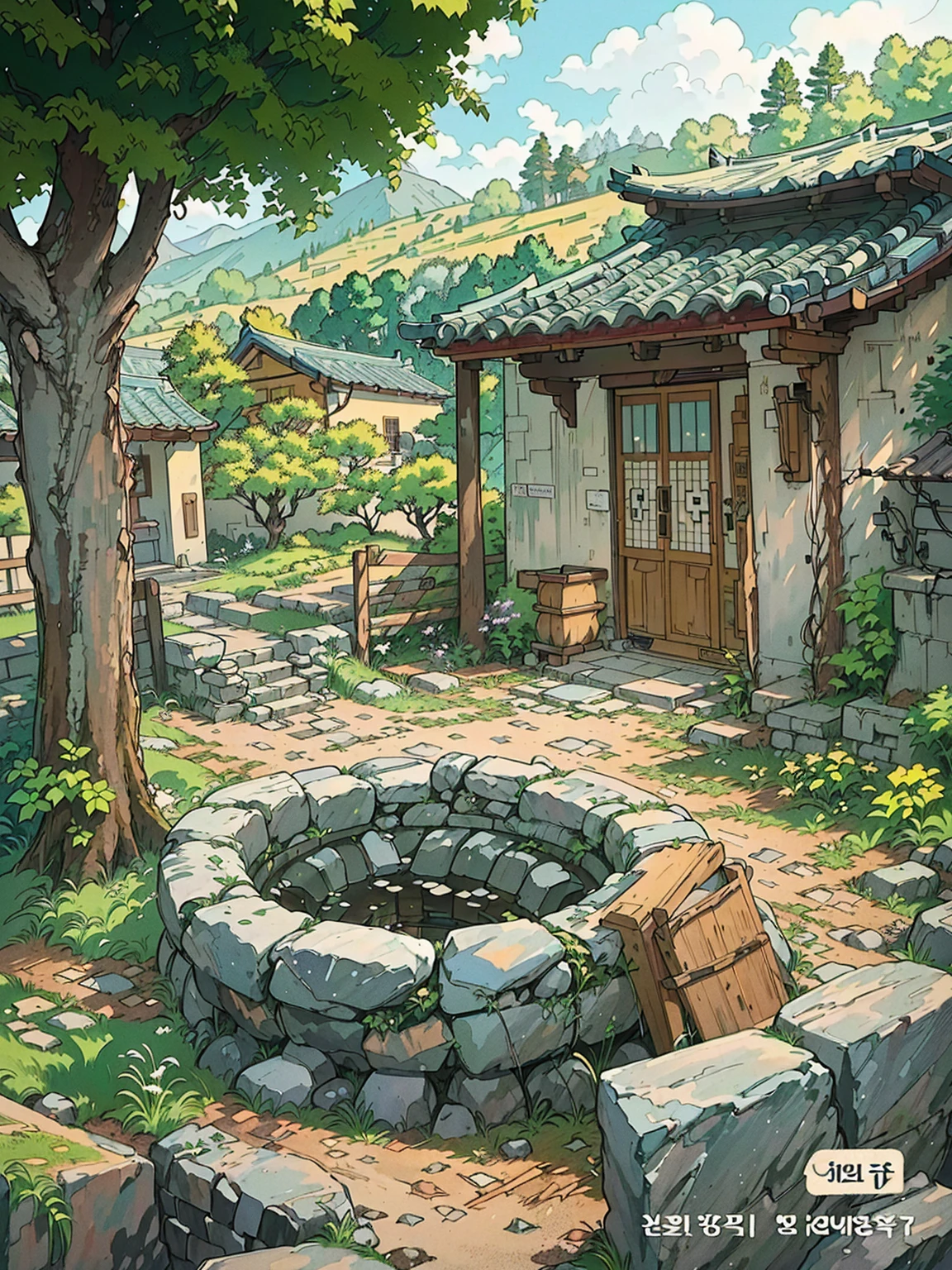 Anime scenery of a stone well surrounded by trees and rocks, A beautiful artistic illustration, Detailed scenery —width 672, Landscape Art Detail, Anime Background Art, Detailed painting 4k, Landscape Artwork, author Kim Myeong-guk, author Sim Sa-jeong, author:sung choi, The numbers are very detailed, author Kim Hwan-gi, old asian village