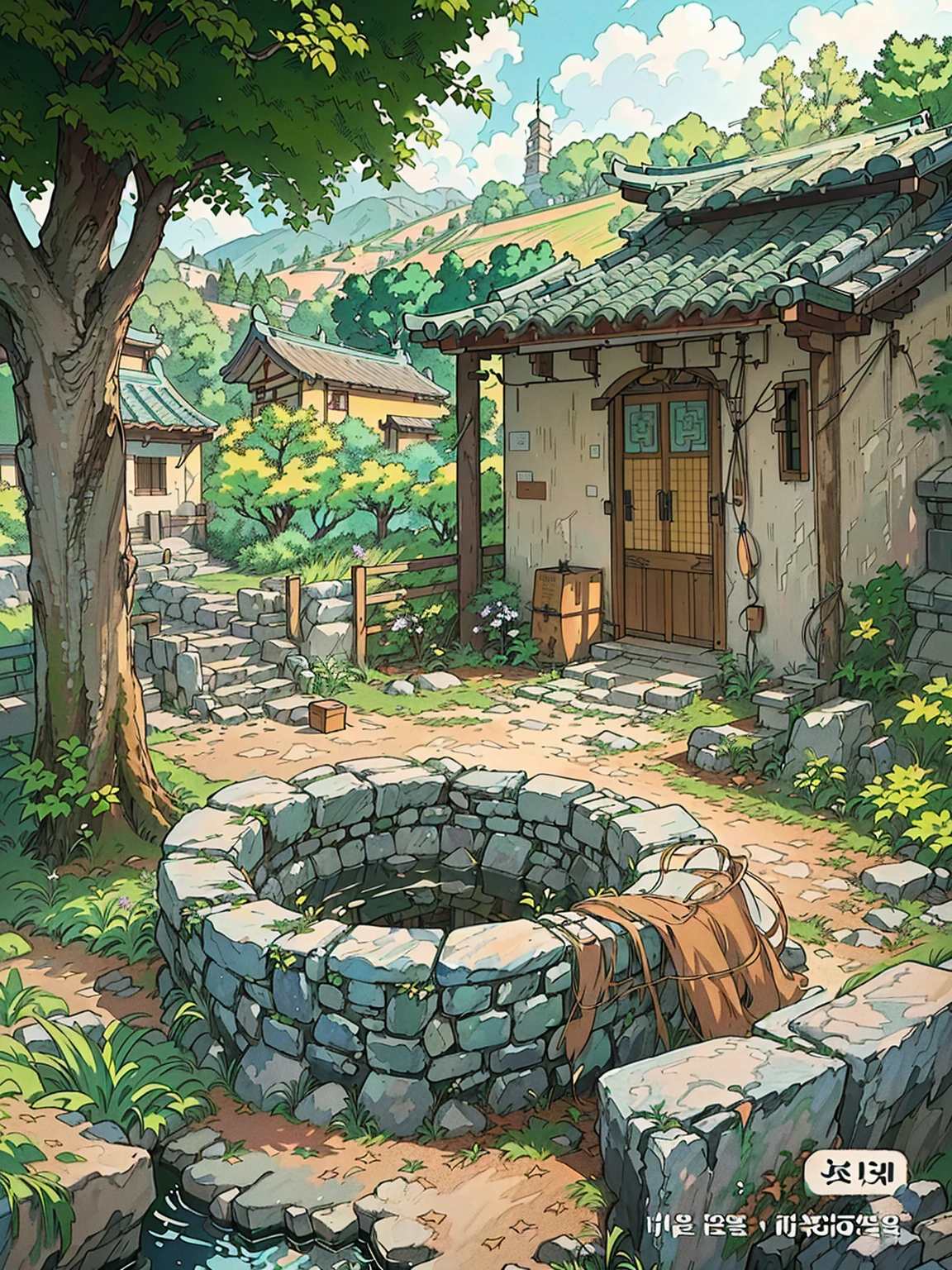 Anime scenery of a stone well surrounded by trees and rocks, A beautiful artistic illustration, Detailed scenery —width 672, Landscape Art Detail, Anime Background Art, Detailed painting 4k, Landscape Artwork, author Kim Myeong-guk, author Sim Sa-jeong, author:sung choi, The numbers are very detailed, author Kim Hwan-gi, old asian village