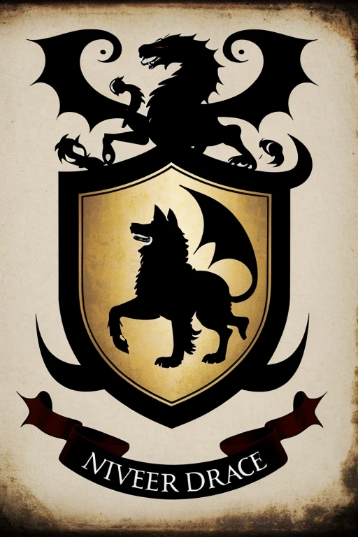 I need a stylized shield with a German Shepherd, similar in style to the House Targaryen crest of "House of the Dragon". The background must be black, and the German Shepherd must be light brown. The design must include a detailed, stylized silhouette of the dog, preferably in a dynamic pose. The tail should be long and wavy, accentuated and visible claws, and pointed and energetic ears. Optionally, a motto can be included at the bottom with a medieval style font.
