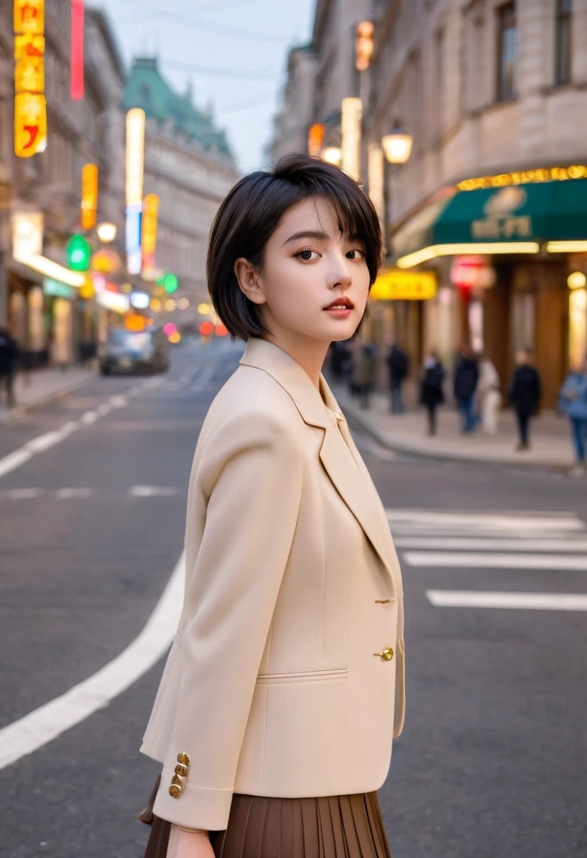 Cute young woman, Black short hair, Brown eyes, Queen,Pleated skirt suit,Street Lights,Neon,Bustling street background,(Umbilical cord:1.1,Princess Eyes), noble, Royal Family, high quality, masterpiece, Very detailed