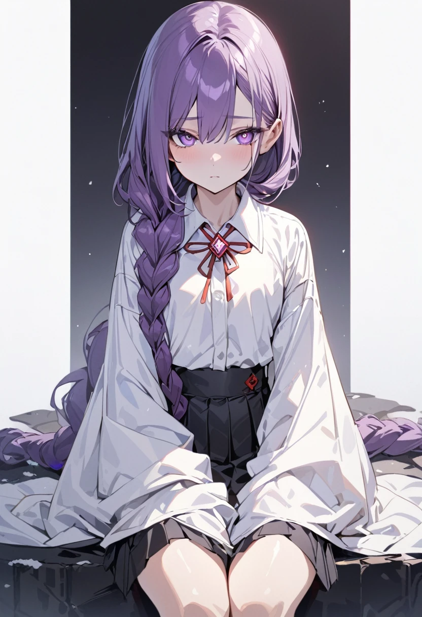masterpiece, (bestquality), highlydetailed, cold, calm, gentle, expressionless, solo, (detailed eyes), (ung woman), dark purple hair, very long single braid, (no hair ties), bright purple eyes, (white collared shirt with white furisode sleeves), thin red bow tie under the collar, (diamond-shaped pin on the front of the bow), (black high-waisted pleated skirt), dark purple high socks, black ankle boots, (simple white background), (white empty background), full body,