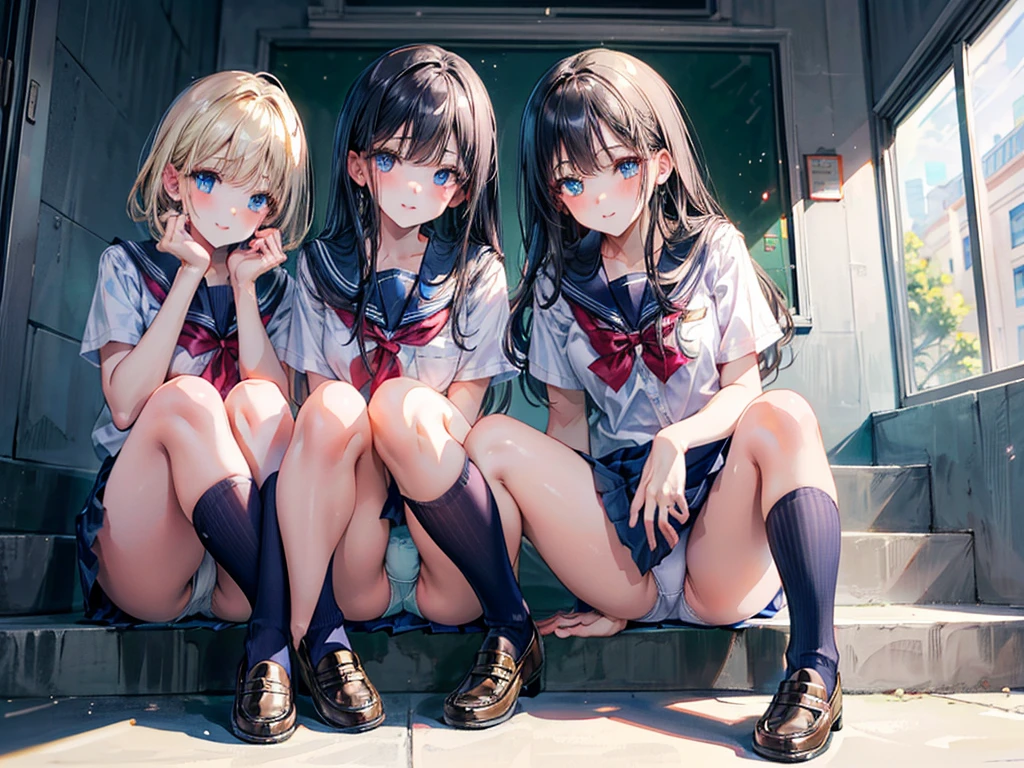 (Best quality, 8k, 32k, Masterpiece, UHD,:1.2),RAW, 2girls,ultra cute , natural lighting,transparent shining eyes, 20yo,medium breast ,fair complexion ,flushed face,dynamic Lighting, on stairs, ((school uniform)), crawling position on their hands and knees, closing legs, loafers, nsfw, halfway up the stairs, shiny, show off panties, White or blue panties