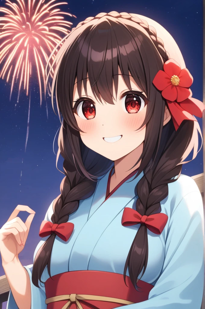 alone, One girl、Crown braids in the same color as your hair, hair ornaments, Hair Ribbon,(A light blue kimono with a red floral pattern and a red obi.)、Red Eyes、Black Hair、(blush:1.4)、(Happy smile:1.4)、Larger breasts、(Watching the fireworks)