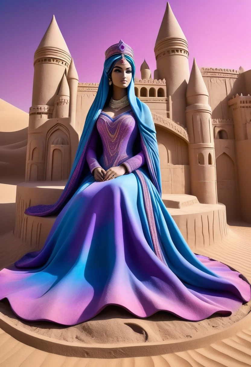 conceptual installation pop art, artwork painted with blue-pink-purple-black gradation, best quality, super fine, incredibly absurdres, extremely detailed, 2.5D, delicate and dynamic depiction, sand sculpture princess, sand texture skin, arabian royal dress and accessories, Disney-style fantasy, desert, sandstorm effect