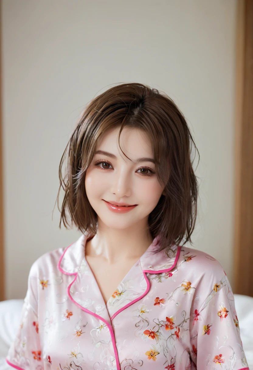 (Top quality, masterpiece: 1.3), Girls: 1, Sexy: 1.5, Bob Hairstyle, Brown hair: 1.3, (Wet: 1.2), pajamas, beautiful, cleveage, Extremely detailed face, Delicate lips, Delicate eyes, Double eyelids, Sexy, Smile, beautiful Legs