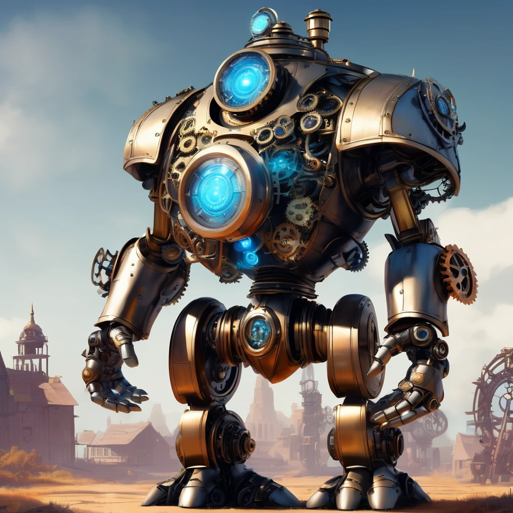 steampunk golem : Physical Appearance:

Age: Recently created, but with an old soul

Height: 6'2" (188 cm)

Build: Bulky and mechanical, with visible gears and pistons

"Skin": Polished brass and copper plating

Eyes: Large, glowing blue crystals that serve as optical sensors

Distinguishing features: A transparent chest cavity showing a complex array of gears and a glowing "heart"

Attire: None needed, but often wears a waistcoat and pocket watch for aesthetic reasons