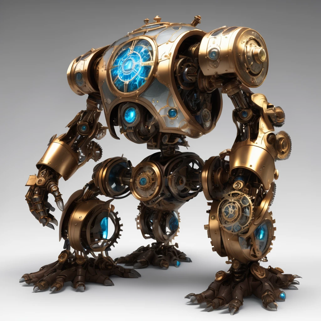 steampunk golem : Physical Appearance:
Age: Recently created, but with an old soul
Height: 6'2" (188 cm)
Build: Bulky and mechanical, with visible gears and pistons
"Skin": Polished brass and copper plating
Eyes: Large, glowing blue crystals that serve as optical sensors
Distinguishing features: A transparent chest cavity showing a complex array of gears and a glowing "heart"
Attire: None needed, but often wears a waistcoat and pocket watch for aesthetic reasons