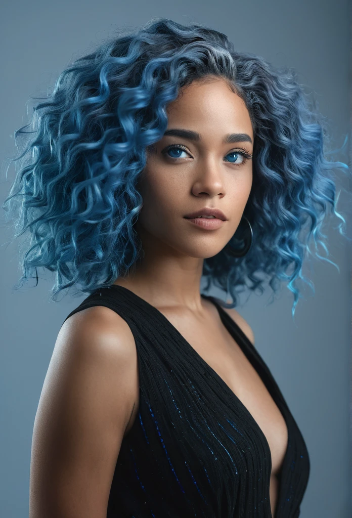 beautiful detailed woman, biracial, blue hair, blue eyes, detailed full body, studio movie, professional camera, looking sideways, cinematic lighting, dramatic pose, elegant, captivating, photorealistic, ultra-detailed, 8k, best quality, masterpiece