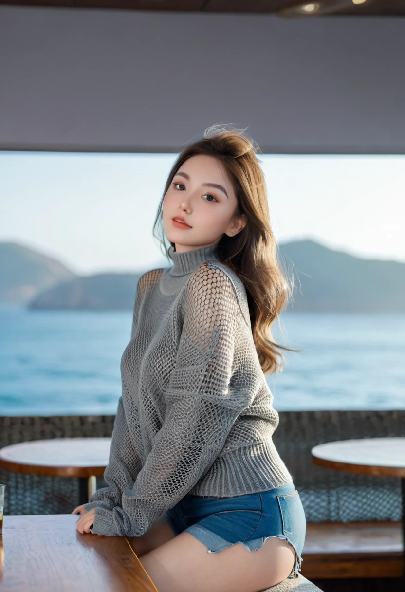 8K, best quality, Realistic photos, Realistic details, Clear face, Exquisite facial features, Real skin glow, A cute girl, Shy, Facing the camera, Girl sitting in bar in gray fishnet sweater and skinny jeans, Clear the column background, Sea view, arms on the bar, Hips, slim, Large Breasts, 24 years old, charming, Seductive eyes