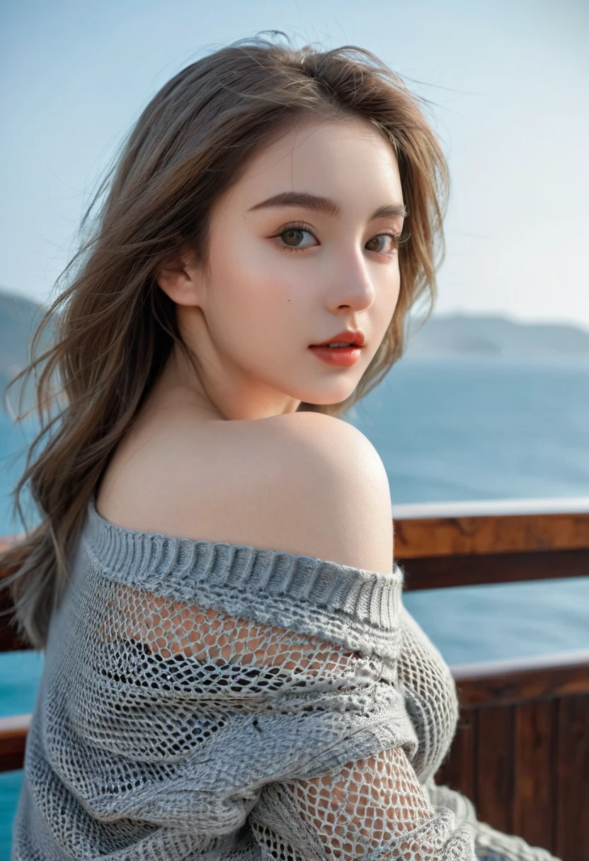 8K, best quality, Realistic photos, Realistic details, Clear face, Exquisite facial features, Real skin glow, A cute girl, Shy, Facing the camera, Girl sitting in bar in gray fishnet sweater and skinny jeans, Clear the column background, Sea view, arms on the bar, Hips, slim, Large Breasts, 24 years old, charming, Seductive eyes