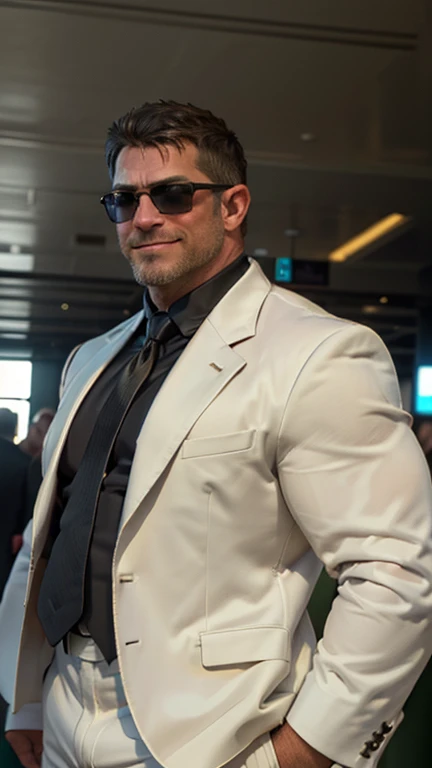 An award-winning original photo，A wild muscular man, (40 years old daddy:1.1), 1boy, Solo, (white suit), (black necktie), (big shoulders), musculature, stubbles, Short beard, Beautiful eyes:1.3, ), (Detailed face:1.3), (wearing round blue sunglasses), (looking up:1), smilling, standing in the airport, Dynamic Angle, volumetric lighting, (Best quality, A high resolution, Photorealistic), Cinematic lighting, sunlight, Masterpiece, RAW photo, Intricate details, hdr, depth of field