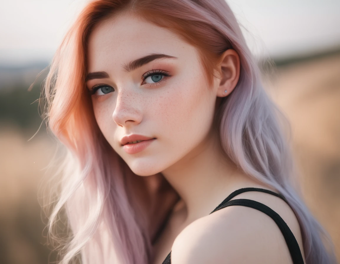 photo of beautiful age 18 girl, Pastel hair, Freckles are sexy, beautiful, close up, young, Digital SLR Camera, 8K, 4K, ultraPractical, Practical, Natural skin, Textured Skin