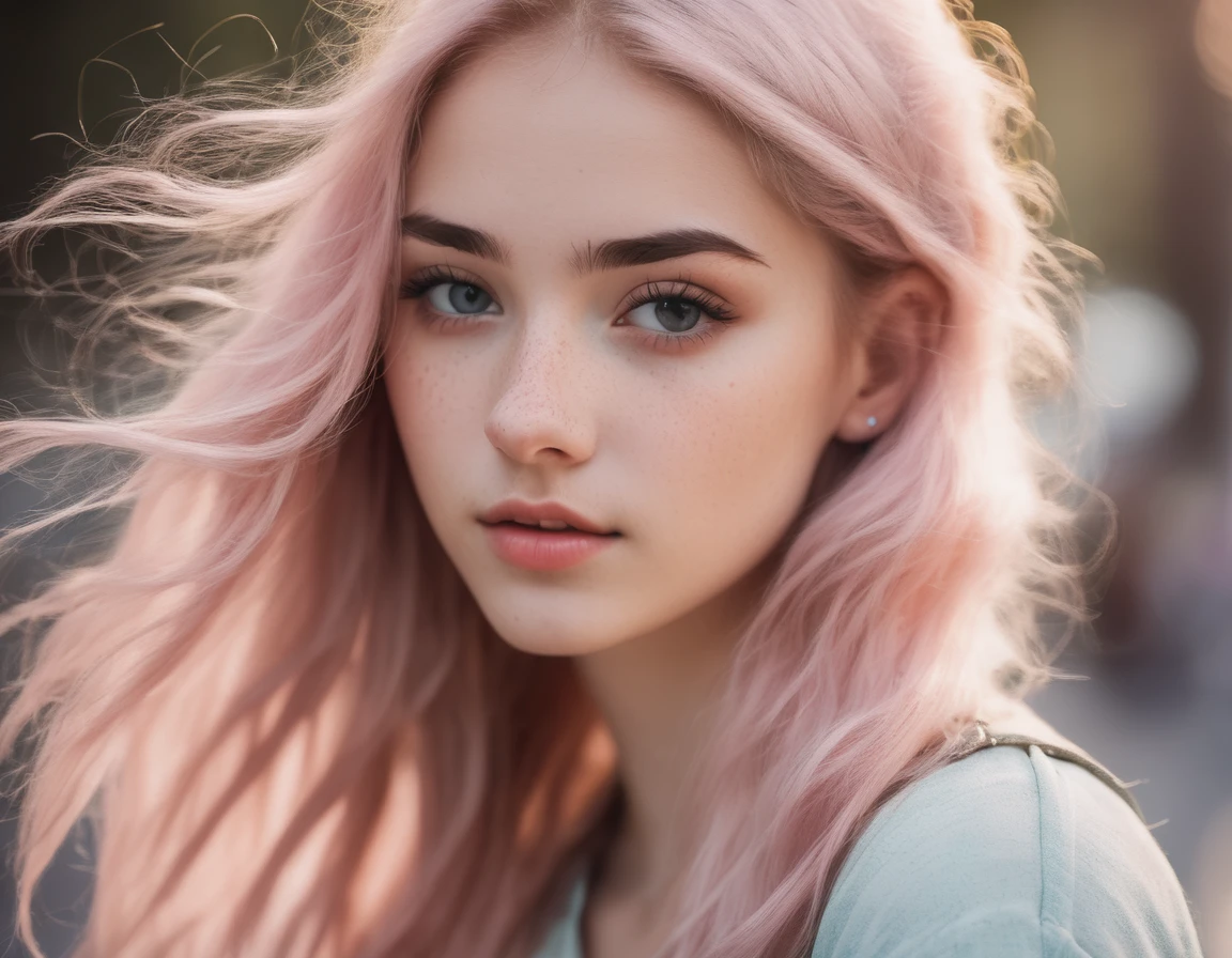 photo of beautiful age 18 girl, Pastel hair, Freckles are sexy, beautiful, close up, young, Digital SLR Camera, 8K, 4K, ultraPractical, Practical, Natural skin, Textured Skin